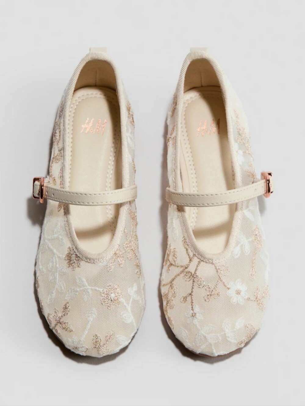 H&M Girls' Cream Lace Floral Mary Jane Shoes with Rose Gold Buckles - Size 12